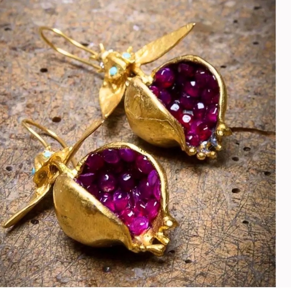 Jeweled Pomegranate Gold Dangle Unique Earrings